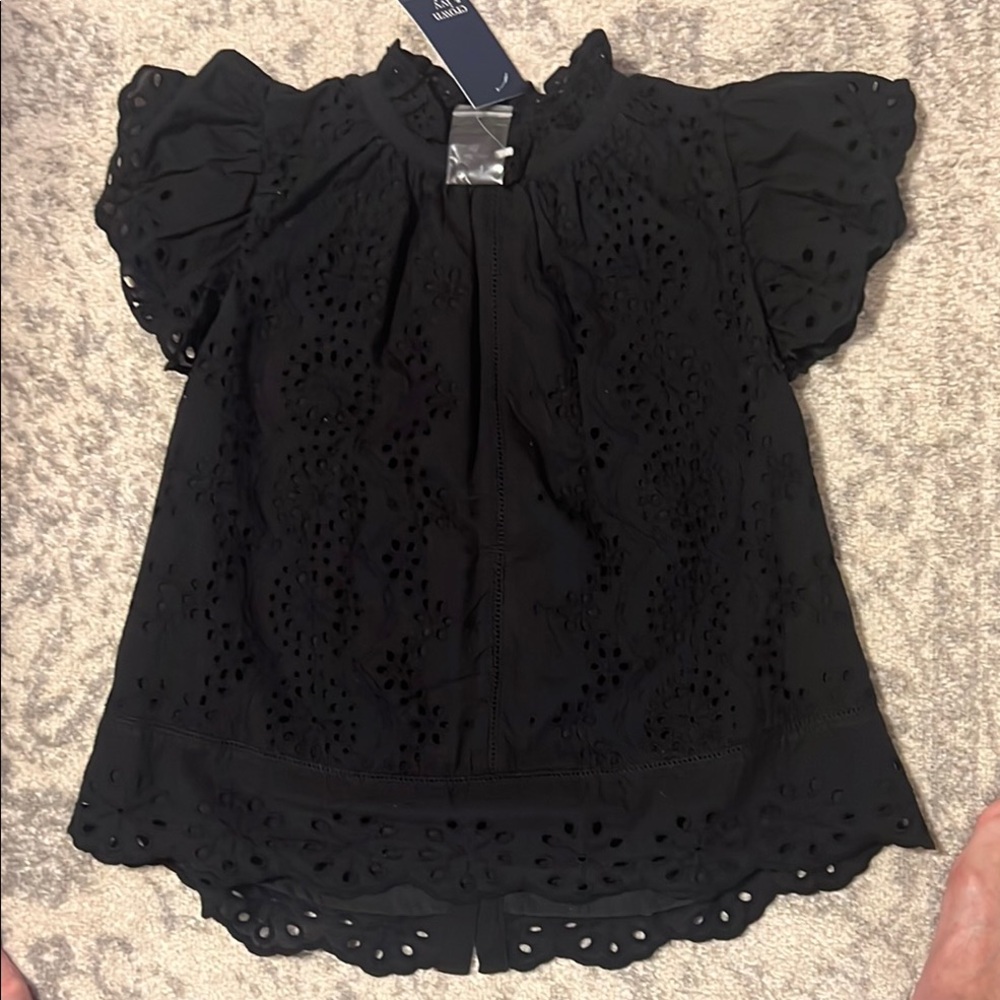 Crown & Ivy Black Ruffled Blouse with Eyelet Design
